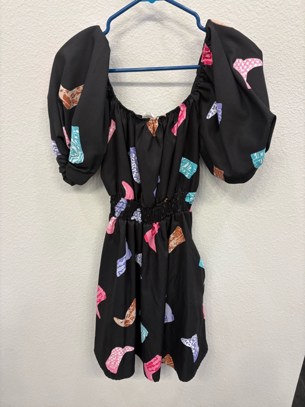 Black Puff Sleeve Mini Dress with Multicolor Abstract Prints